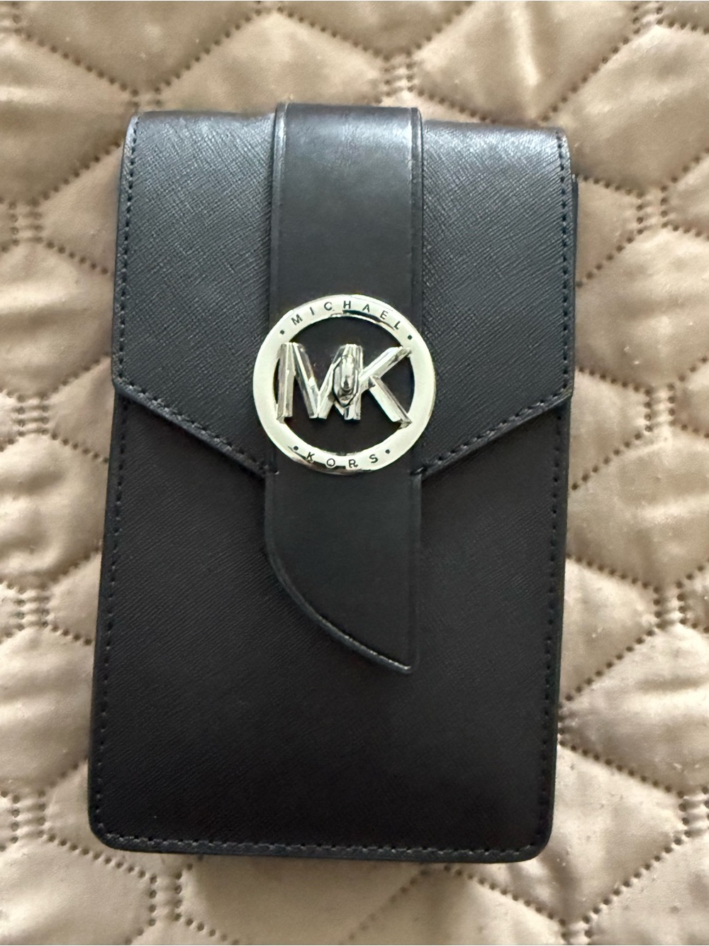 Michael Kors Black Leather Crossbody Phone Pouch with Silver MK Emblem